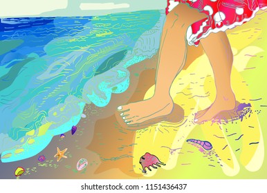 Girl in a red skirt in white peas near the sea. Beach. Resort. Vacation