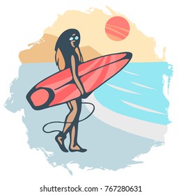 Girl with red surfboard on the beach on a sunset background with hand drawn.
Vector illustration in bright colors.