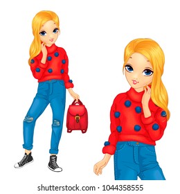 Girl In Red Sweater With Blue Pompoms