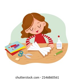 Girl  in red sweater making DIY decorations, crafting present. DIY crafts for children.  Vector flat illustration. Kid crafting DIY. Creative DIY hobby.