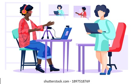 A girl in a red sweater is sitting on a chair and communicates with a woman in a green dress, while sitting at laptops indoors. People are working and talking in the office, vector illustration