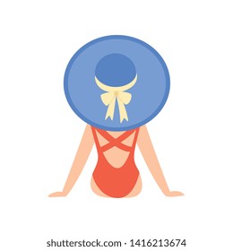 Girl in Red Swimsuit and Blue Hat Sitting on Beach, View from Behind, Beautiful Young Woman Enjoying Summer Vacation on Seashore Vector Illustration