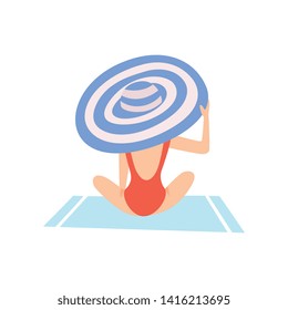 Girl in Red Swimsuit and Hat Sunbathing on Beach, Back View, Beautiful Young Woman Enjoying Summer Vacation on Seashore Vector Illustration