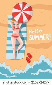 A girl in a red swimsuit lies on a towel under an umbrella and sunbathes on the beach. Drawn in cartoon style. Vector illustration for designs, prints, patterns. Summer landscape in the background