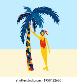 Girl in a red swimsuit stands under a palm tree on the beach. Bright and colorful summer print for any purposes. Creative flat illustration of a woman. 