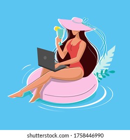 Girl in a red swimsuit and summer hat works on a laptop in the pool. Concept freelance remote work