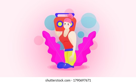 A Girl With Red Tank Top And Yellow Trousers Is Holding A Red Radio Tape 