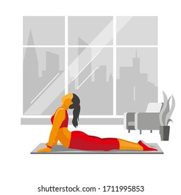 Ein Mädchen in einem roten Trainingsanzug übt sich für den Rücken - eine Ablenkung. Vektorillustration einzeln auf weißem Hintergrund.