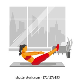 Una chica con traje rojo hace un ejercicio por la espalda - una desviación. Imagen vectorial aislada en un fondo blanco.