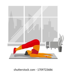Girl in a red tracksuit doing exercise on a press in the room. Vector image isolated on a white background.