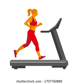 A girl in a red tracksuit on a treadmill. Vector image isolated on a white background.