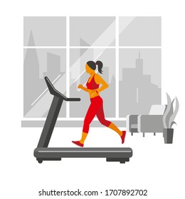 A girl in a red tracksuit on a treadmill. Vector image isolated on a white background.