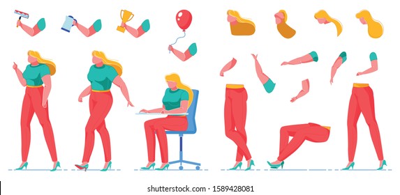 Girl in Red Trousers and Green Tshirt Constructor Flat Cartoon Vector Illustration. Woman Working in Company. Character Creation Kit. Accessories in Hands such as Balloon, Trophy, Kettle.