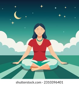 girl in a red t-shirt meditating on the street at night flat vector 