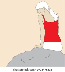 A girl in a red t-shirt sitting on a snoe