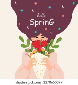 Girl with red tulips. Postcard design with a young cheerful girl and the inscription Hello Spring. Vector illustration. Women s day illustration. Girl with flowers. Flat style. Lattering Hello spring.