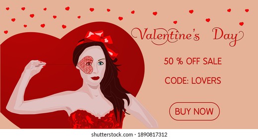 Girl in red for Valentine's Day .A woman in a corset with a red bow holds a mesh heart in her hand. Vector illustration. Suitable for promotions, advertisements, offers, postcards. Modern style

