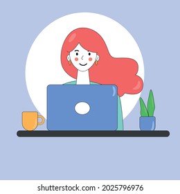 A girl, a red-haired woman sits at her laptop, a computer. Online work, online study