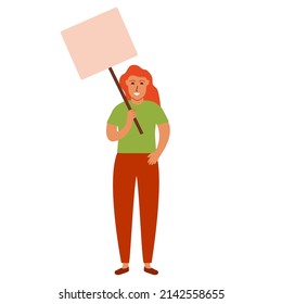 The girl redhead protests with a banner. Girl holding a blank poster with place for text.Vector flat illustration. Isolated on white background.