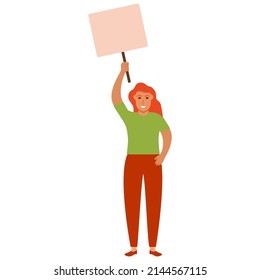 The girl redhead protests with a banner. Girl holding a blank poster with place for text.Vector flat illustration. Isolated on white background.