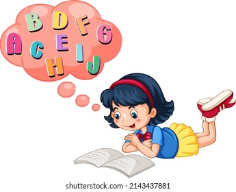 A girl reding with alphabet in callouts illustration