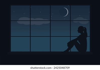 girl reflects sitting by the window at night