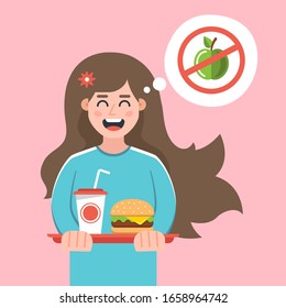 la chica rechazó una dieta y se compró una comida rápida. estilo de vida perjudicial. Ilustración vectorial de carácter plano.