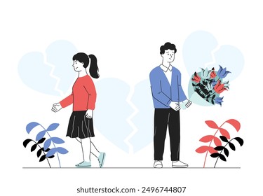 Girl refused lover. Sad man with bouquet looks at leaving woman. Young guy suffers from rejected love. Frustration and depression, loneliness. Linear vector illustration isolated on white background