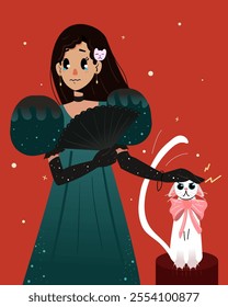 Girl in Regency era dress and her cat with a pink bow around the neck. Isolated flat vector illustrations.