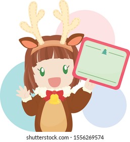 Girl in Reindeer Costume holding Sign