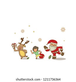 The girl, reindeer and Santa are dancing among a lot of snow on Christmas eve. The have many gift for children. 