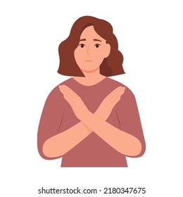 Girl rejecting something with stop hand gesture.Woman  expressing rejection.Finger language, non verbal communication.Vector illustration isolated