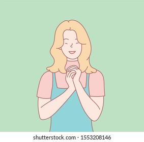 Girl rejoice, and a feeling of tenderness. Hand drawn style vector design illustration. Vector design style for website, brochure, newspaper.