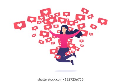 Girl rejoices and jumps from like notifications. Internet addiction to other users and their approval.