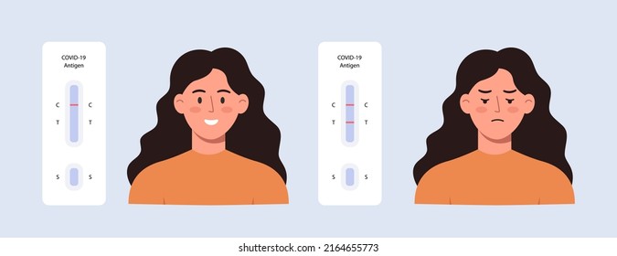The girl rejoices at the negative result. The girl is upset by the positive test. ATK for COVID-19. Flat vector illustration