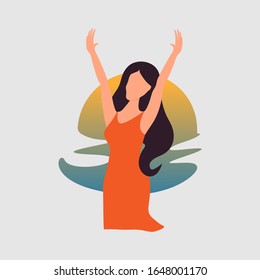 The girl rejoices, raising her hands up on the background of the sun. Sunset or sunrise at sea. Flat cartoon style. Vector. Isolated on a white background. Vacation Travel Concept