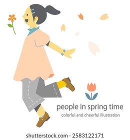 A girl rejoicing in spring - Colorful and fun flat illustration