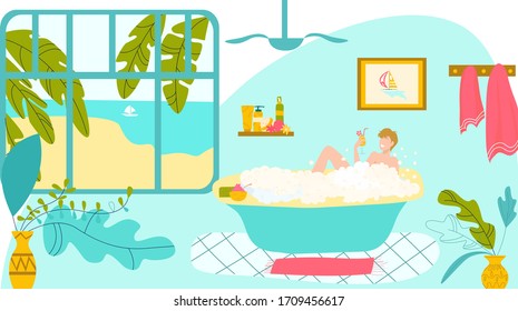 Girl relax in bathroom, smiling woman lying in bathtub full of soap foam bubbles cartoon vector illustration. Female character taking bath and relaxing. Relaxation during hygienic or spa procedure.