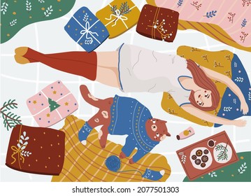 Girl relax in bed with her cat surrounded with New Year gifts. Winter holidays illustration. Female enjoy Cozy home Christmas celebration