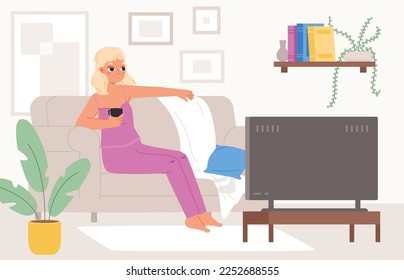 Girl relax at home, sitting with coffee mug on couch and watch tv show or movie. Holidays or weekend, evening after work or study, snugly vector scene svg
