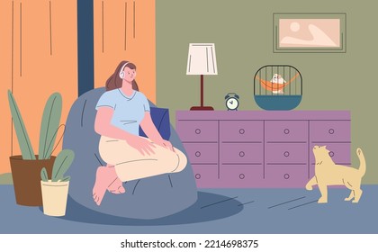 Girl relax in living room, listen music and looking at cat. Cozy evening home, lonely weekend with pet. Introvert character, mental disorder or depression, vector illustration