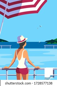 Girl relax in swimming pool on seaside flat vector. Sea scenic view hand drawn pop art retro style. Holiday vacation season travel leisure cartoon. Tourist resort trip rest background illustration