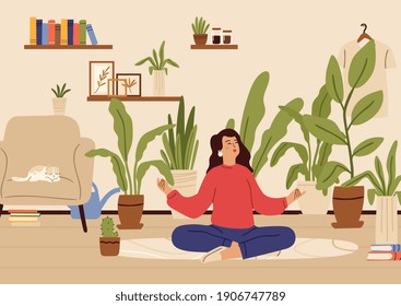 Girl relaxed in home garden. Recreation time, young happy female character and plants in pots. Woman meditation in room vector concept