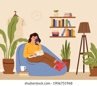 Girl relaxed. Woman home, cat sleep on knee. Young female using smartphone in living room. House garden, domestic plants in relax zone vector concept