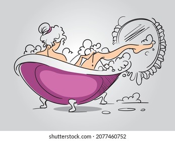 Girl relaxes in bath with foam. Cartoon vector illustration. Woman takes a bath. Girl relaxed washing her body in bathroom interior. Shower, healthcare