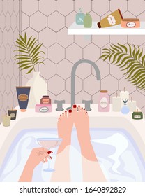 Girl relaxes in bath with foam. Scandinavian hygge style bathroom Interior. Feminine Daily routine in bathroom interior with homeplants, cosmetics and candle. Vector illustration