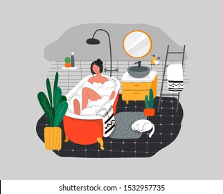 Girl relaxes in bath with foam and sleeping cat. Daily life and everyday routine scene by young woman in scandinavian style cozy bathroom with homeplants. Cartoon vector illustration.