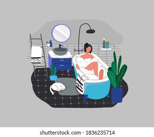 Girl relaxes in bath with foam and sleeping cat. Daily life and everyday routine scene by young woman in scandinavian style cozy bathroom with homeplants. Cartoon vector illustration.