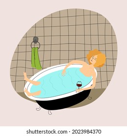 The girl relaxes in the bathroom with a glass of wine. A woman spends the evening at home after work. Vector illustration.