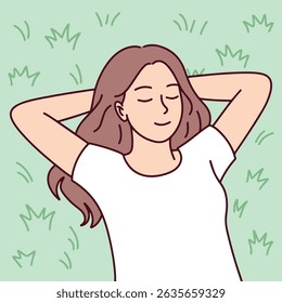 Girl relaxes with hands behind head and eyes closed, lying on grass. Represents peaceful break, mental calmness, connection to nature, and balance